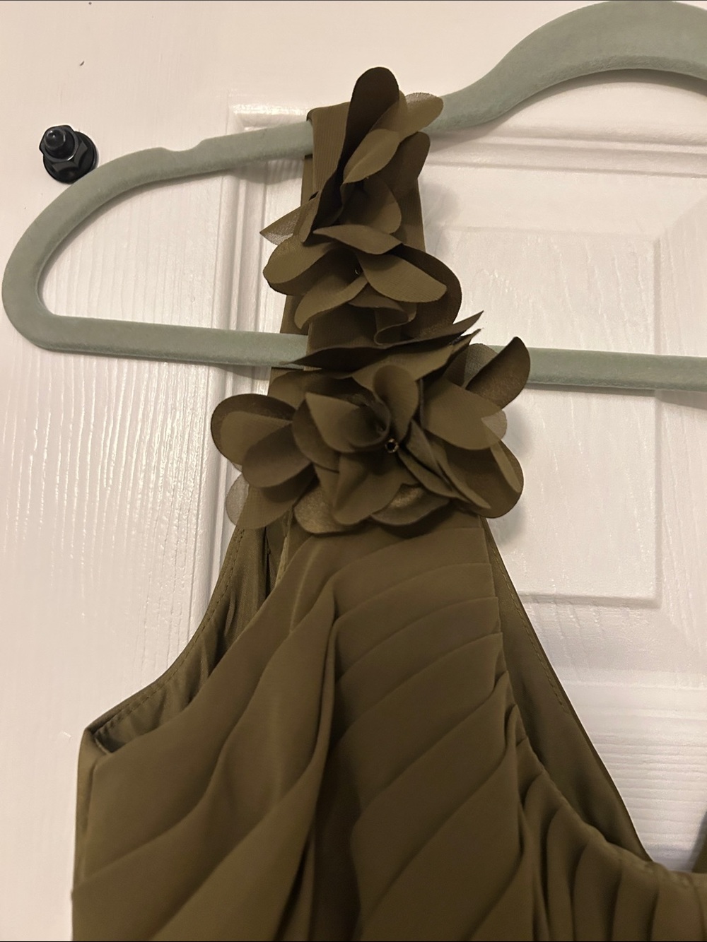David's Bridal Olive Green One-Shoulder Ruched Satin Maxi Dress - Picture 2 of 7